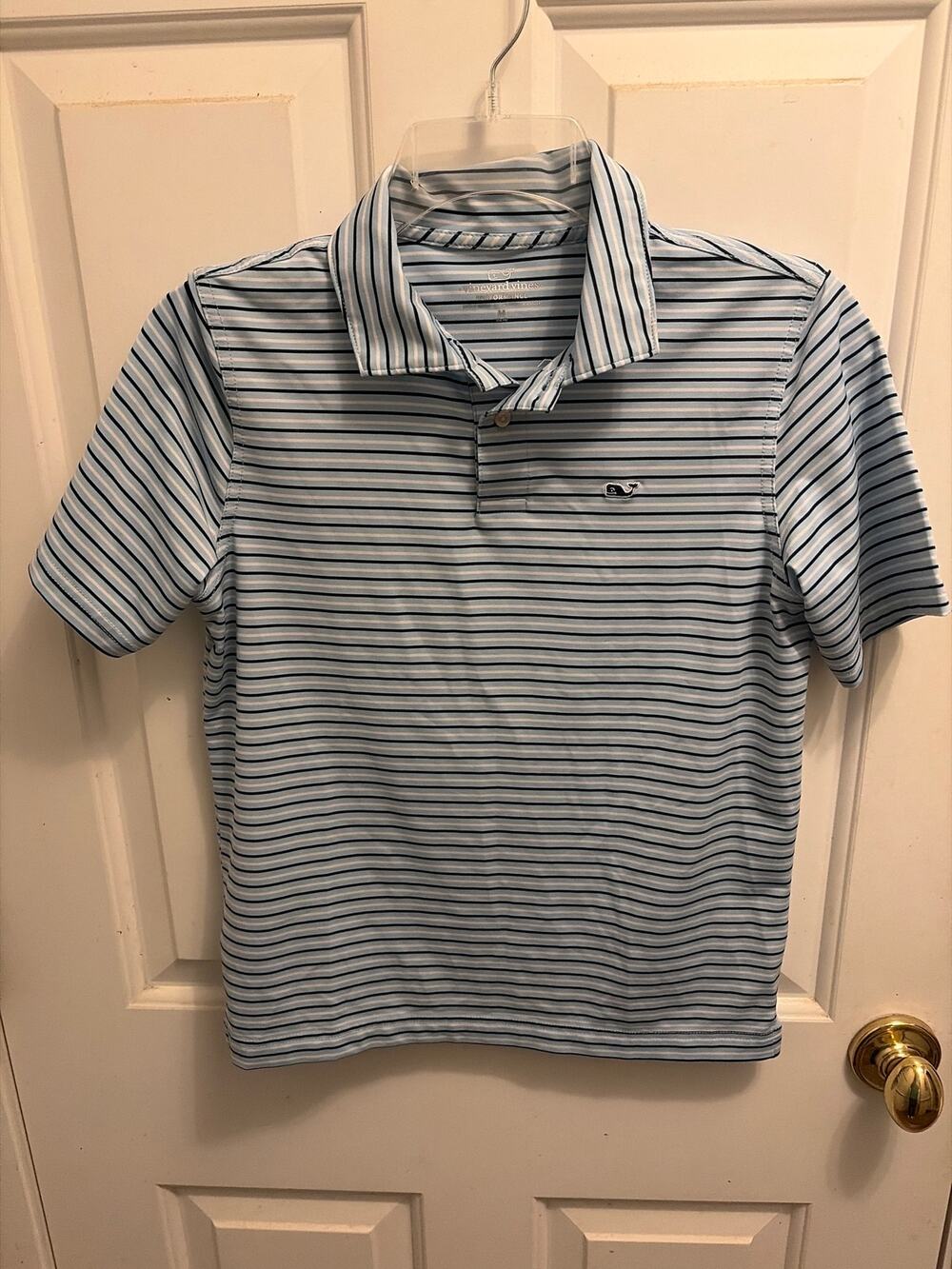 Vineyard Vines Kids Blue White Striped Short Sleeve Polo Shirt Logo Youth M